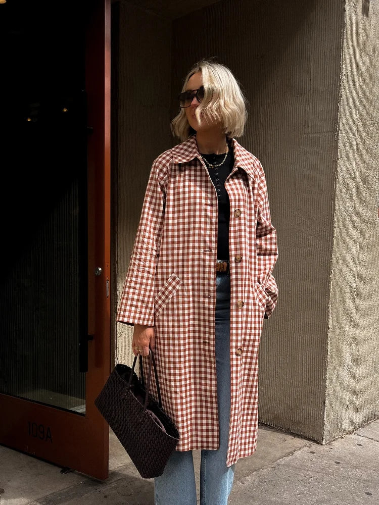 Women Red Plaid Long Trench Coat Casual Lapel Single Breasted Full Sleeve Windbreaker Jacket 2025 Autumn New Lady Streetwear