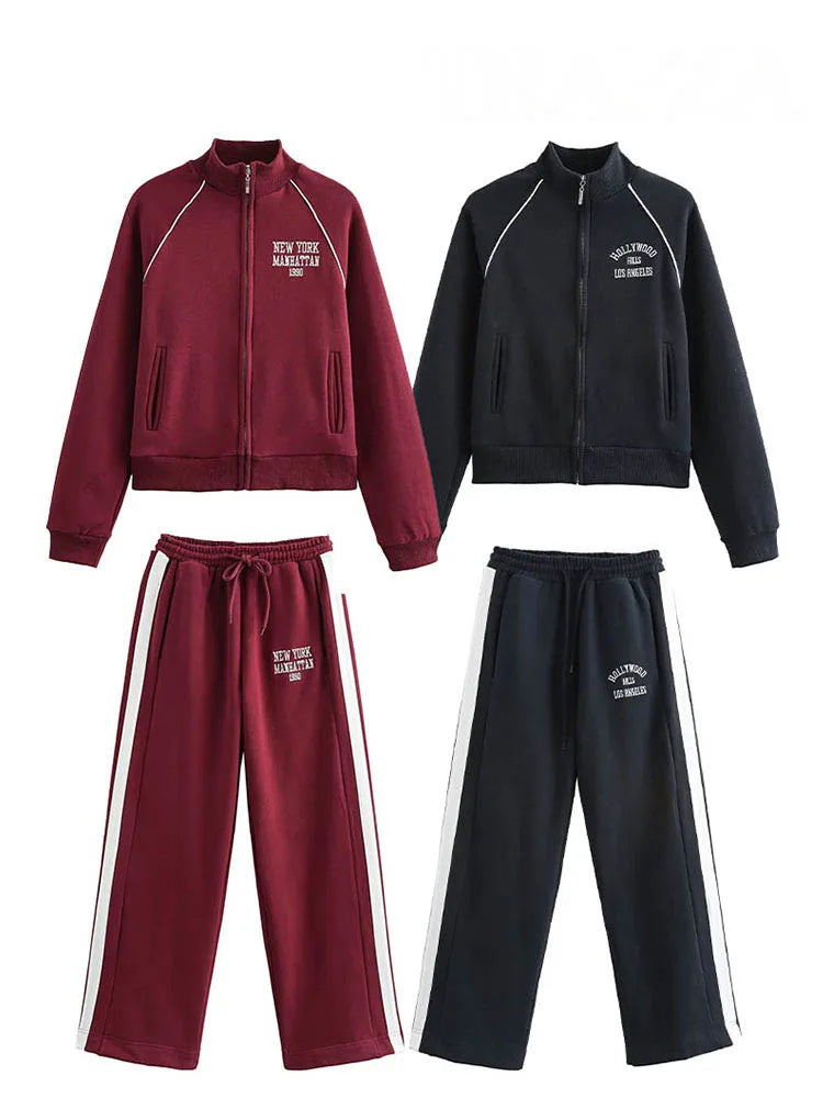 HH Women's Pant 2-Piece Set Female Fashion Versatile Printed Velvet Zip Jacket+Commuting Elastic Waist Belted Casual Pants