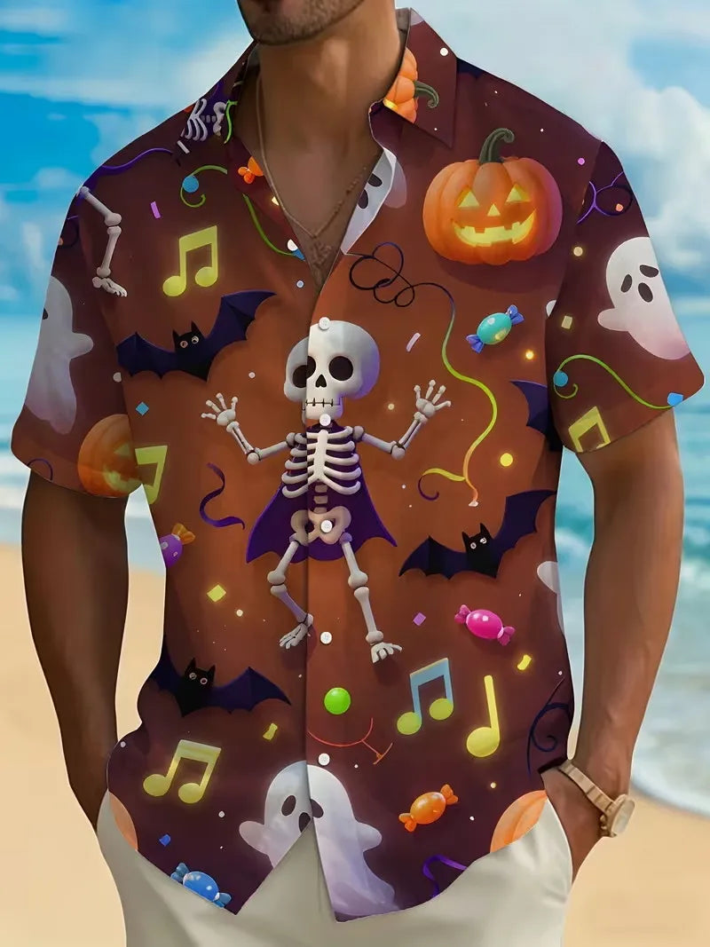 Men Halloween Headless Horseman Print Aloha Shirt Short Sleeve Button Down Spooky Pumpkin Horse Graphic Hawaiian Shirts Tops
