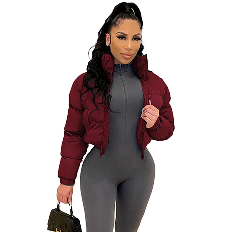 Cotton Padded Coat Women Patchwork Puffer Parka Outwear Solid Color Winter Warm Zipper Crop Top Jacket Chaqueta Mujer