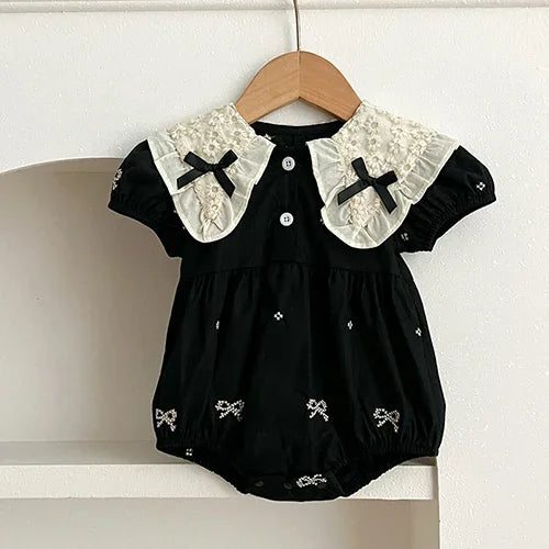 2025 New Summer Newborn Baby Girl Romper 0-24M Baby Girl Clothing Lace Collar Cotton Embroidery Bow Toddler Baby Girls Jumpsuit