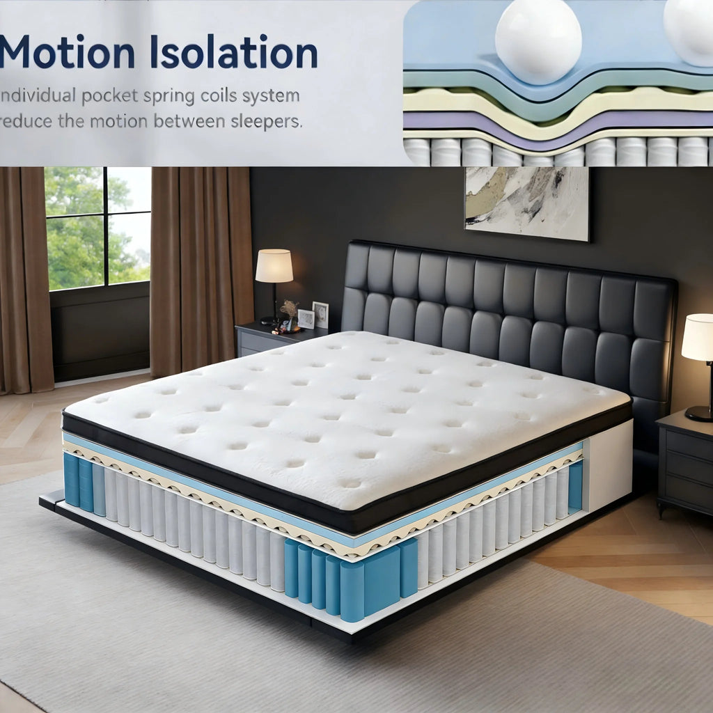 10/12 Inch Queen Twin Full King Size Hybrid Mattresses in a Box with Individual Pocket Springs - Medium Firm and Pressure Relief