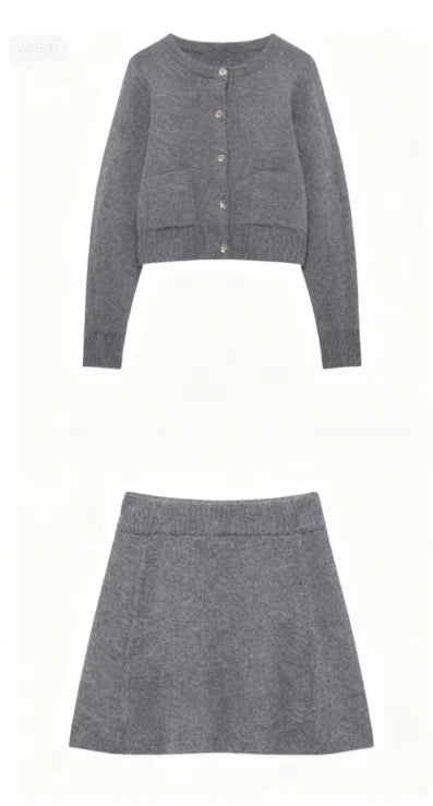 Elegant Brown Knitted Cardigan Skirt Suit Women Single Breasted Sweater Mini Skirts Set 2025 Autumn Chic Street Lady Outfits