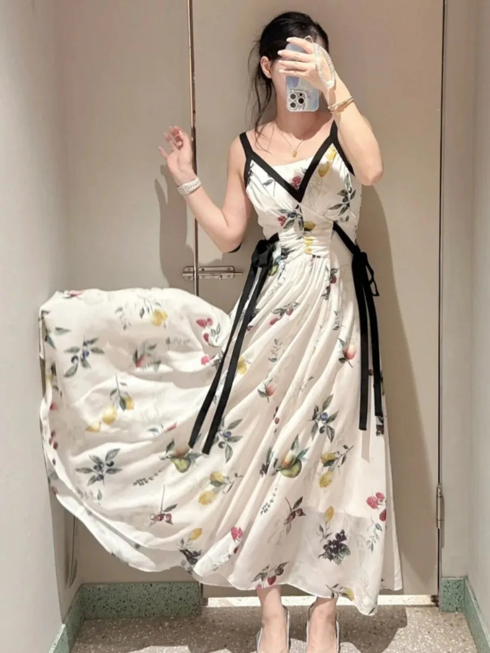Kuzuwata Luxury Elegant V Neck Sling Dress Print Slim Vest Big Swing Lace Up Ruched Panelled Robe Japan French Exquisite Mujer