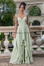 Mint Green Chiffon A-line Bridesmaid Dresses V-neck Bow Spaghetti Straps Layered Ruffle Evening Gown Elegant Wedding Party Dress