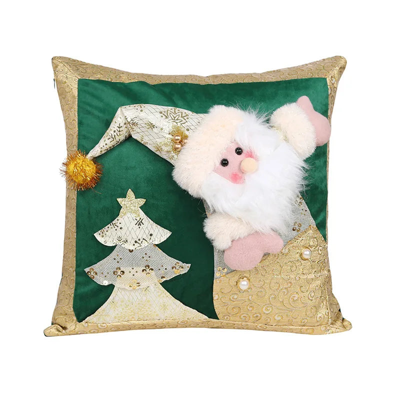 Christmas Gold Embroidered Cushion Cover Snowman Elk Santa Claus Three-dimensional Embroidered Pillowcase Holiday Home Decor