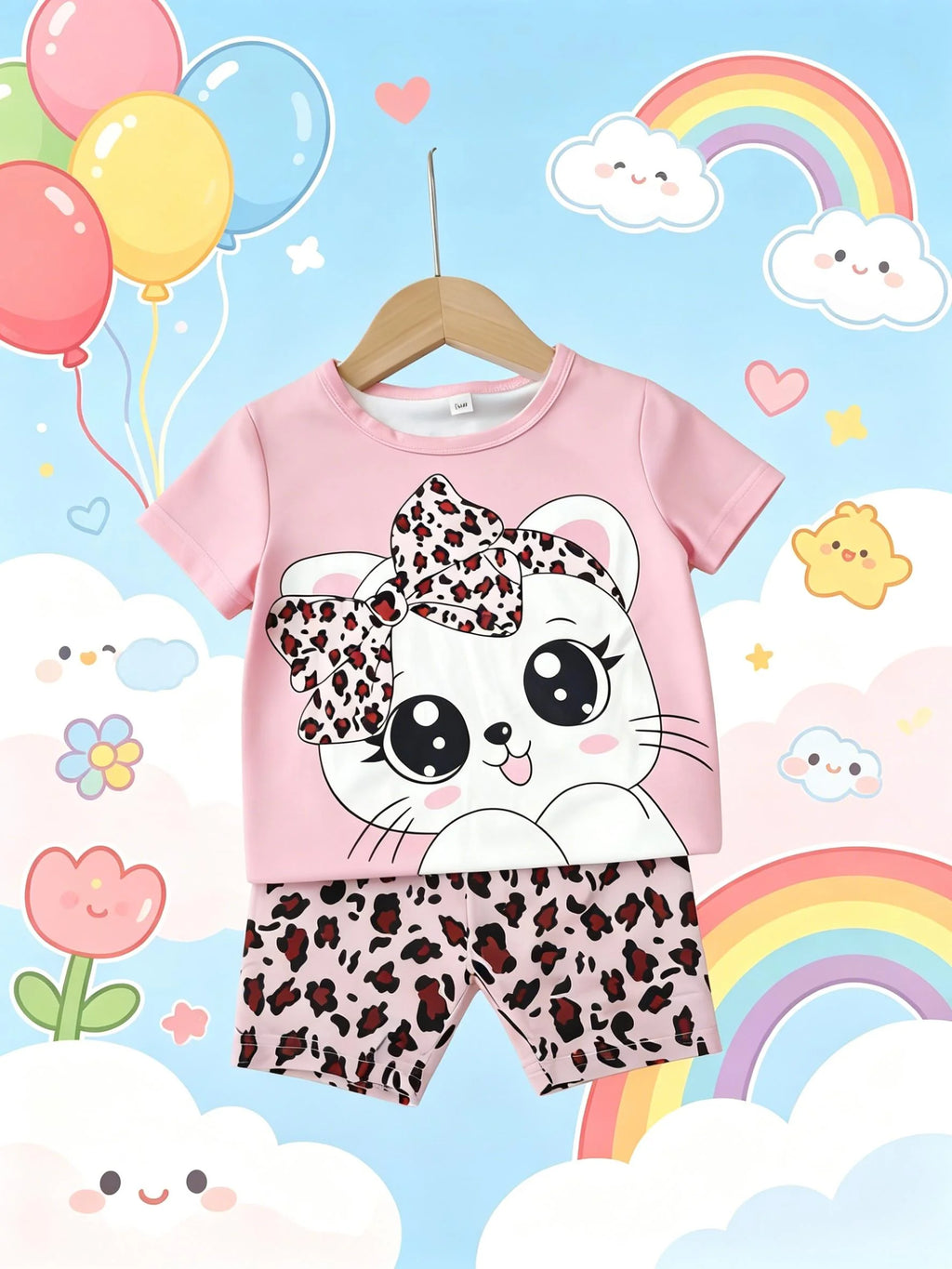 Sweet Cool Style Cartoon Cat Leopard Print Girls Short Sleeve Shorts Set New Arrival