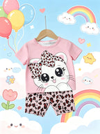 Sweet Cool Style Cartoon Cat Leopard Print Girls Short Sleeve Shorts Set New Arrival
