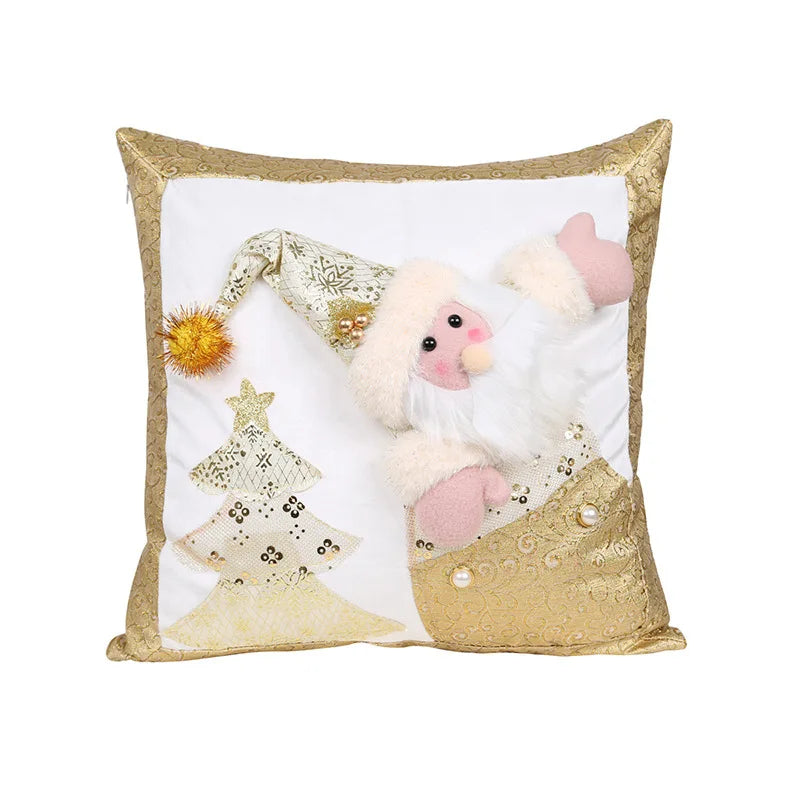 Christmas Gold Embroidered Cushion Cover Snowman Elk Santa Claus Three-dimensional Embroidered Pillowcase Holiday Home Decor