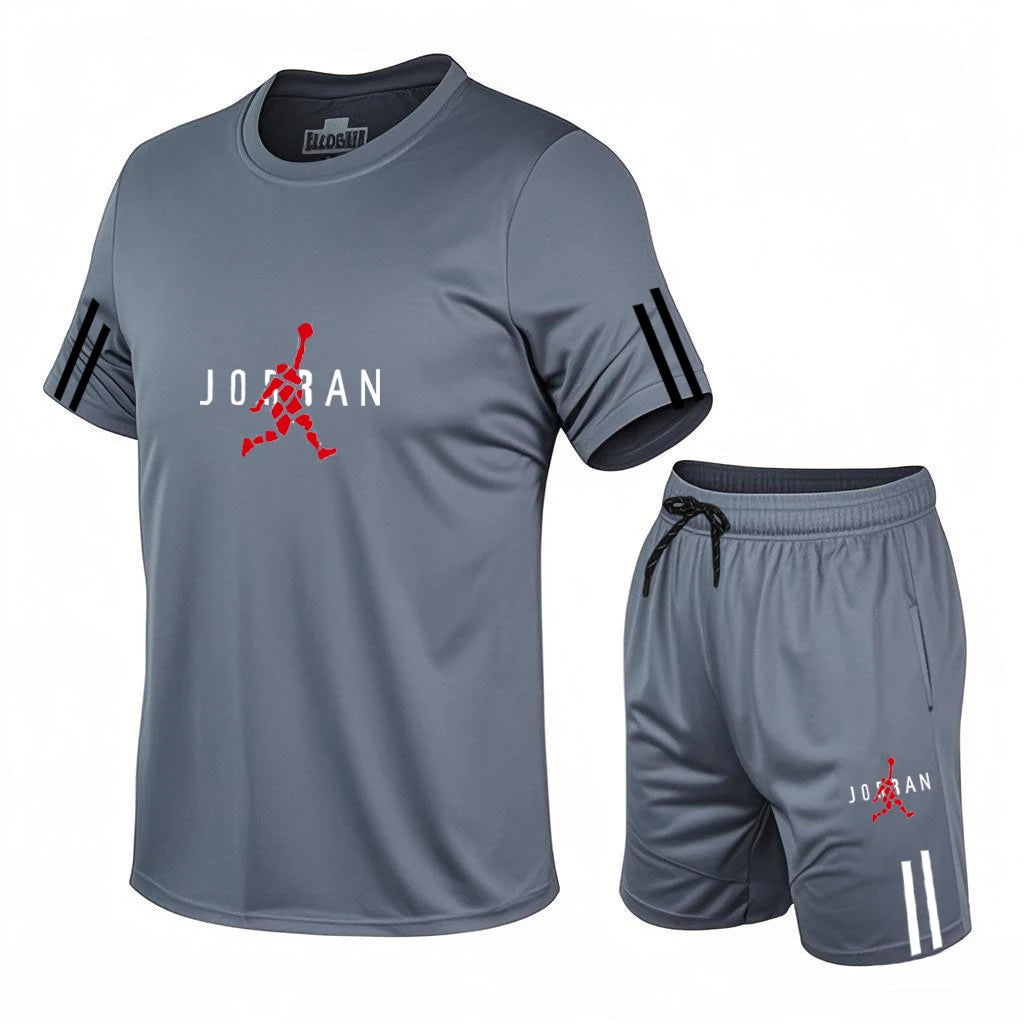 2026 men's casual sports two-piece set, fashionable printed short sleeved and shorts, running sports short sleeved set
