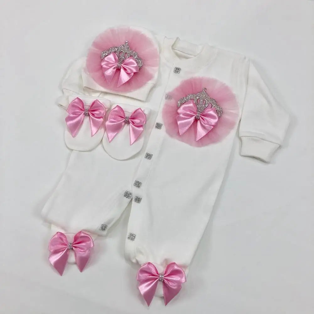 Baby Girl Coming Home Outfits Set Personalized Name Jewelry Crown Clothing Vintage Croche Infant Care Products Body Suit Pajamas