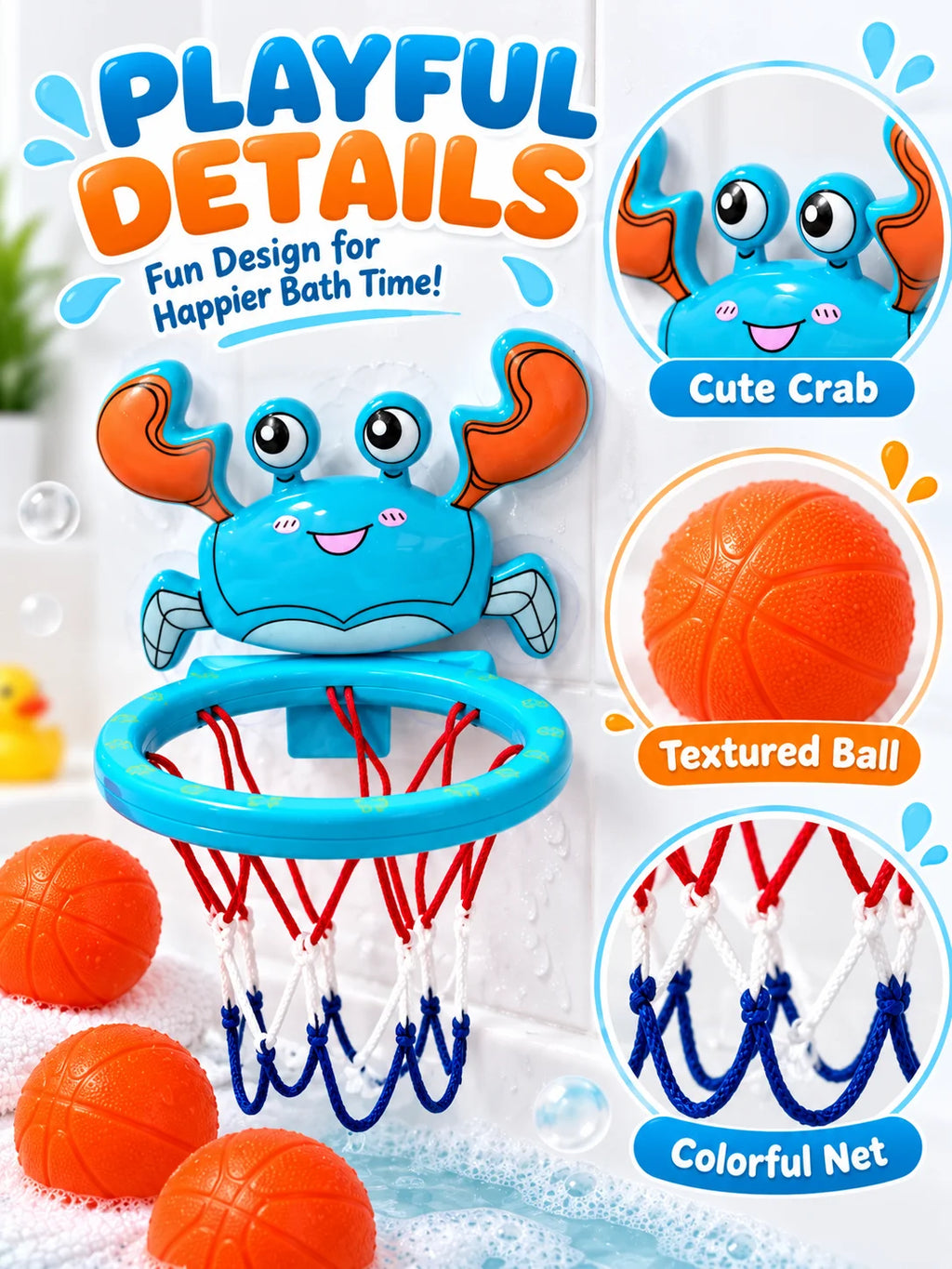 Toddler Bath Basketball Hoop Toy with 3 Soft Balls Strong Suction Cups Bathtub Shooting Game Birthday Gift for Boys Girls