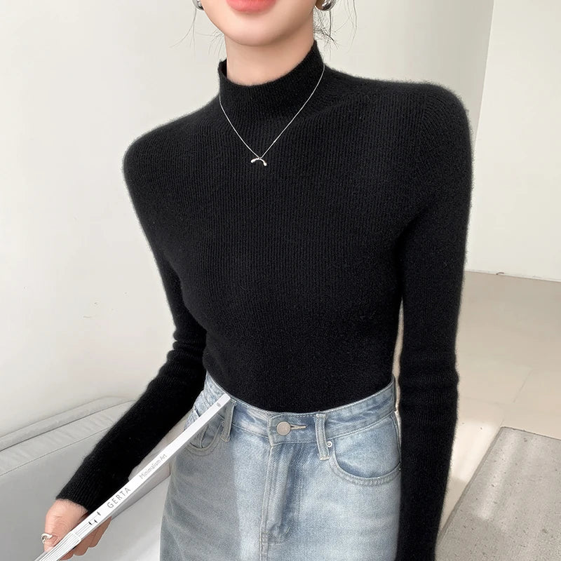 Autumn and Winter New Women's Cashmere Sweater 100% Pure Cashmere Semi High Neck Women's Pullover Soft Basic Women's Top