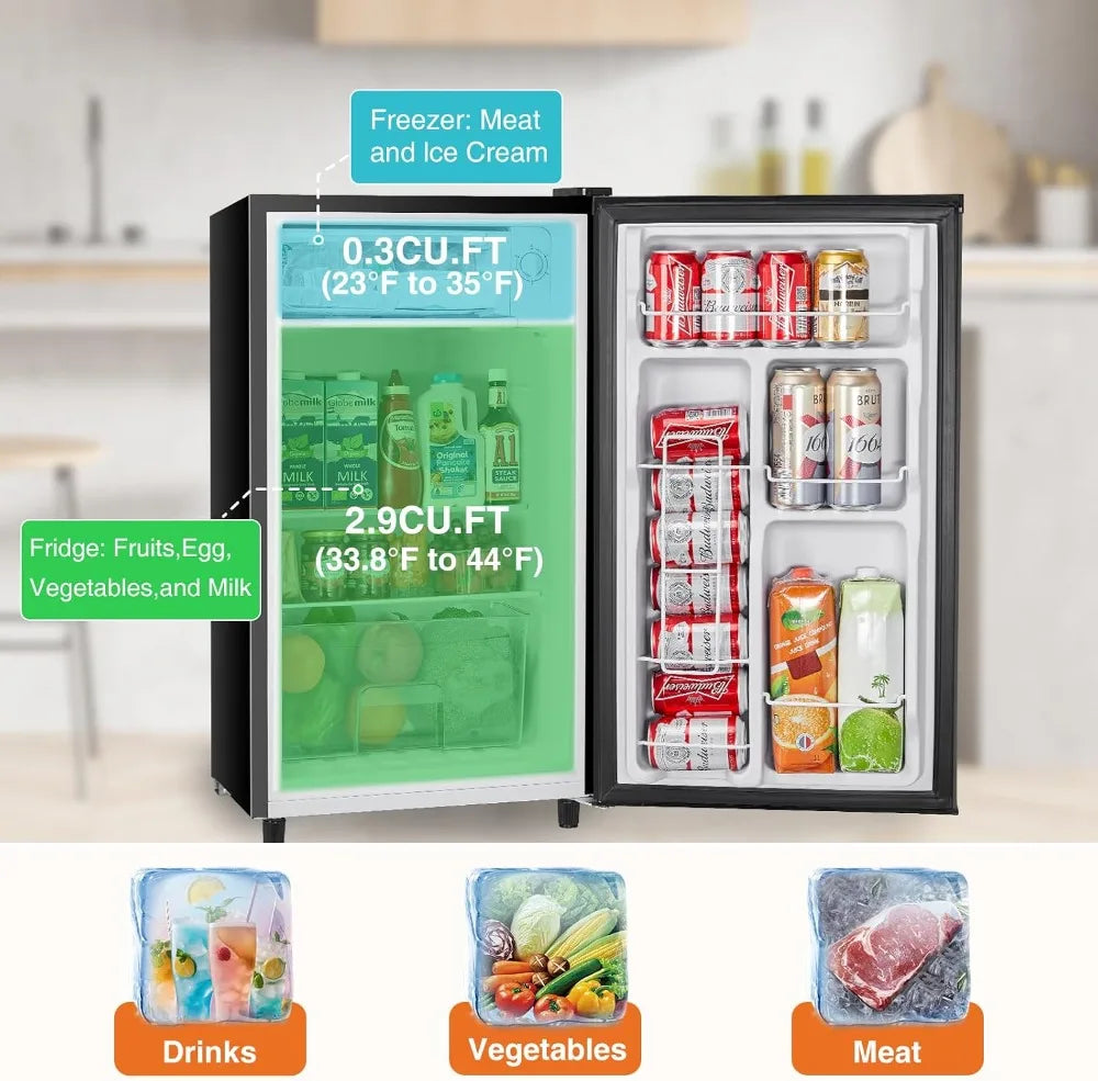 3.2 Cu.Ft Mini Fridge with Freezer, 2 Door Compact Refrigerator, Adjustable Thermostat, Energy Efficient Low Noise for Bedroom Office Dorm Black