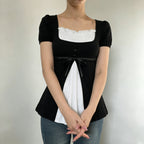 [RUOKE] Casual Y2K Contrast Color Top Women Spring Summer Square Neck Puff Sleeve Bow Slim A-line Babydoll Blouse Sweet Coquette