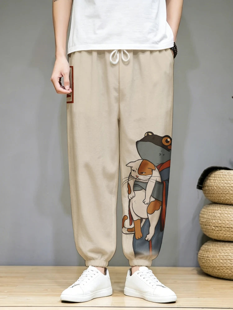 Men's Clothing Japanese Long Pants Vintage Frog In Kimono And Unhappy Cat Art Print Trousers Loose Drawstring Waist Sweatpants
