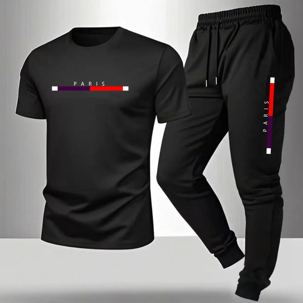 New men's summer casual pantsshort sleeved T-shirt set Paris printed two-piece set men's sportswear set men's clothing clearance