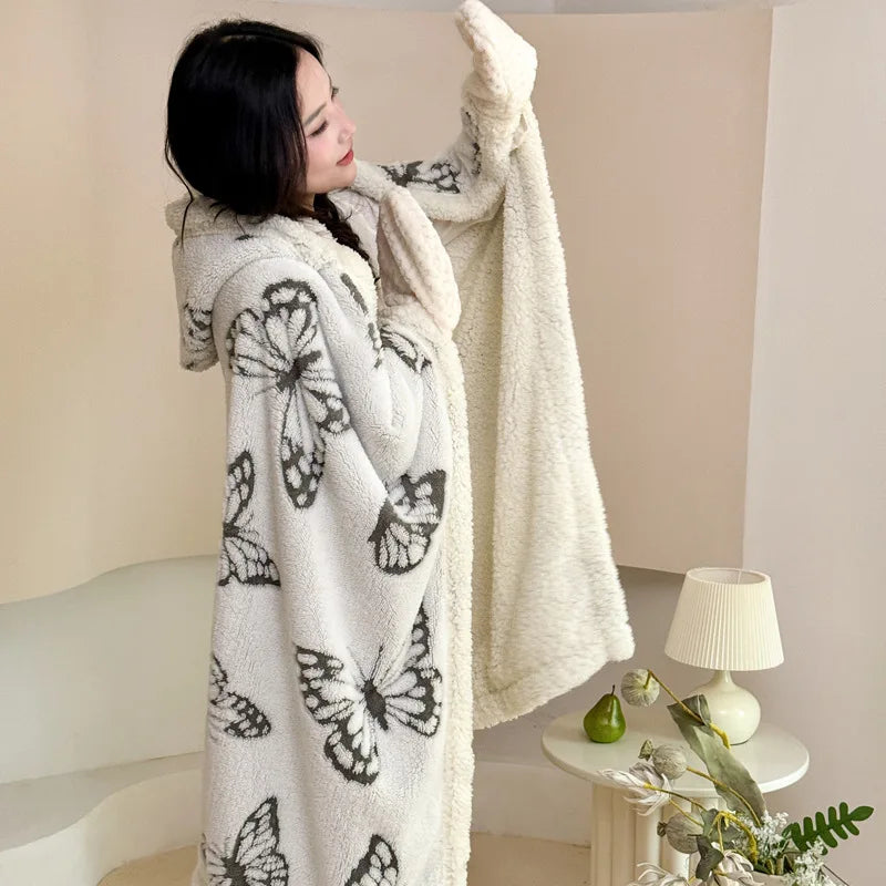 New Taffeta Fleece Hooded Blanket Warm Sherpa Lined Blankets with Giant Pocket Solid Color Skin-Friendly Office Nap Plush Cloak