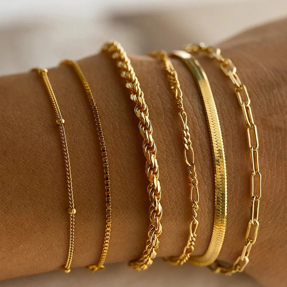 6Pcs Minimalist Gold Color Ankle Chain Bracelet Set for Women Men Bohemian Retro Thick Twist Cuban Bracelets Trendy Jewelry Gift