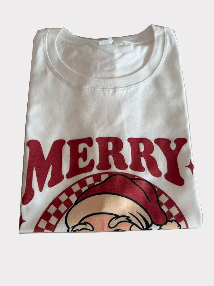 Merry Christmas Print T-Shirt Short Sleeve Crew Neck Casual Graphic Tops Tees for Women Christmas Gifts Female Clothing