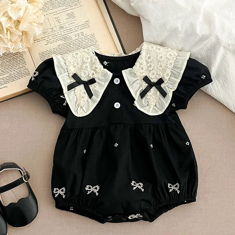 2025 New Summer Newborn Baby Girl Romper 0-24M Baby Girl Clothing Lace Collar Cotton Embroidery Bow Toddler Baby Girls Jumpsuit