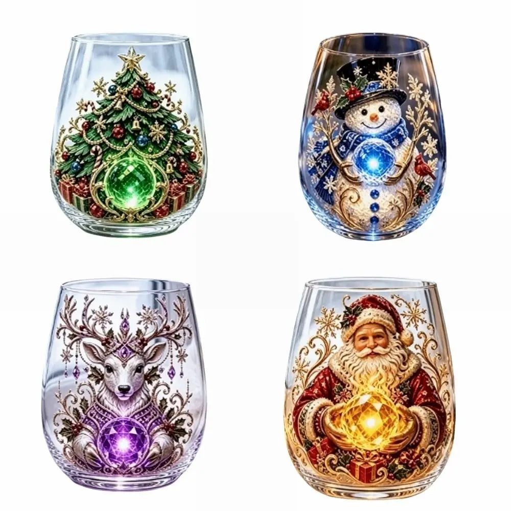 Drinking Glass 2D Print Christmas Wine Glass Snowman Santa Claus Christmas Art Cup Tree Reindeer Clear Stemless Glass Gifts