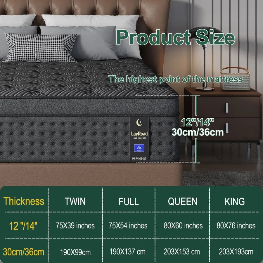 12/14inch Memory Foam Hybrid Mattress With Pocket Springs, Twin, Full, Queen, King, Sizes In A Box, Medium Firm, Mattresses For Support Comfort, Fiberglass-Free Suitable For Home Bedrooms, Hotels And Halls Of Residence