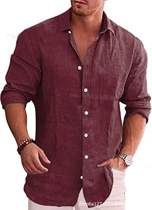 Men's Loose Solid Color Shirt Linen Lapel Long Sleeve Casual