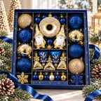 60Pcs Blue Gold Christmas Ornaments Set Shatterproof Multi Shapes Gnome Donut Snowflake Gift Balls Xmas Tree Hanging Party Decor