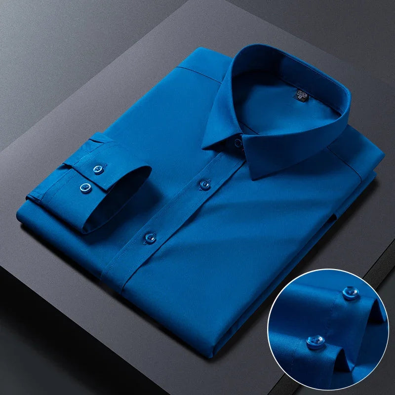 Spring Autumn Men Long Sleeve Shirts Business Casual Wrinkle Resistant Solid Color Formal Dress Slim Fit Work Social Shirt S-8XL