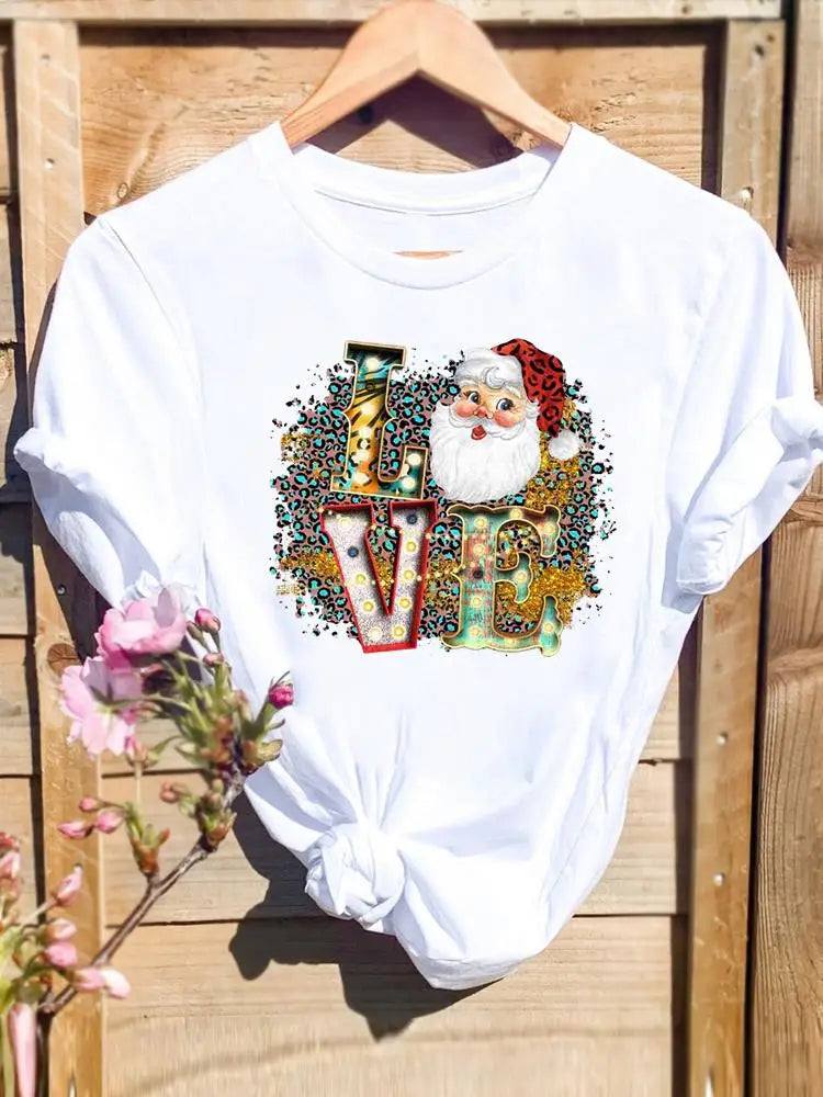 Merry Christmas New Year Holiday Graphic T Tee Fashion Cat Tree Lovely 90s Cute Harajuku Kawaii T-shirt Women's Y2K Clothing
