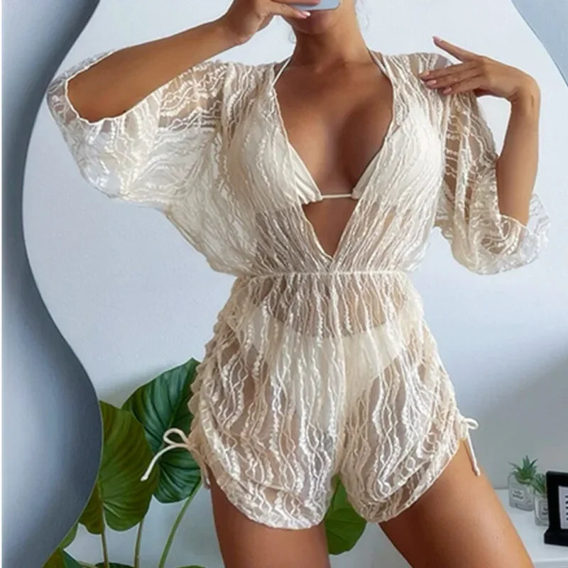 3 Pack Plain V-neck Bikini Set Hollow Out Tunic Loose Cover Up for Woman 2023 Lace Up Halter Triangle Bikini Swimsuit Beachwear