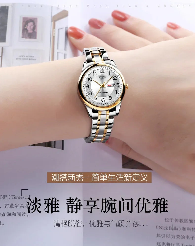 Ladies Fashion Ultra-thin Steel Band Dual Calendar Luminous Waterproof Digital Scale Watch Quartz Watch for Women Gift Clock