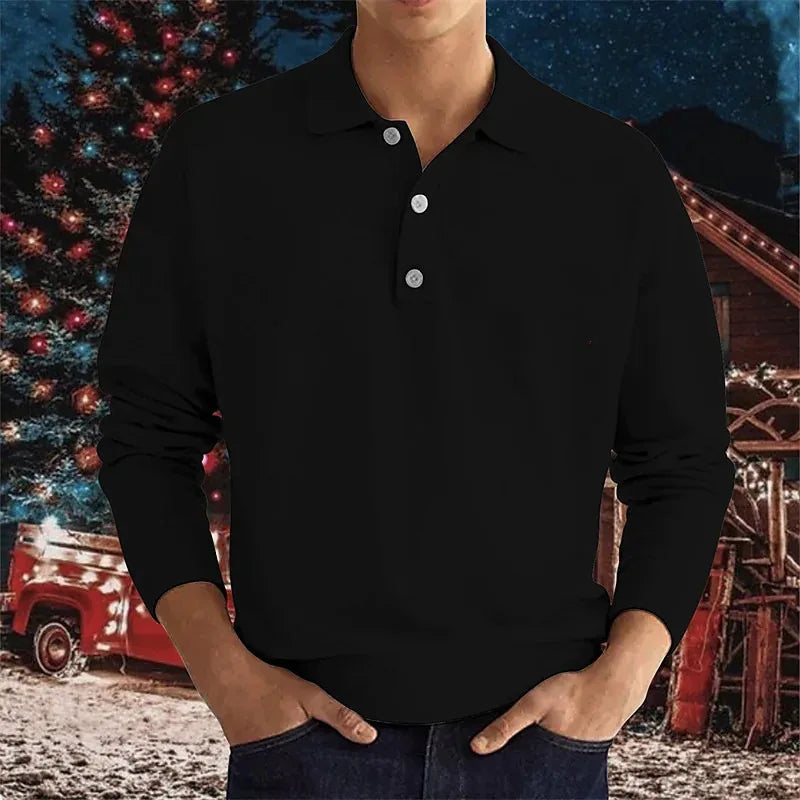 Men Long Sleeve Polo Shirt V Neck Button Up Casual Autumn Basic Solid Color Knitwear Tops For Men