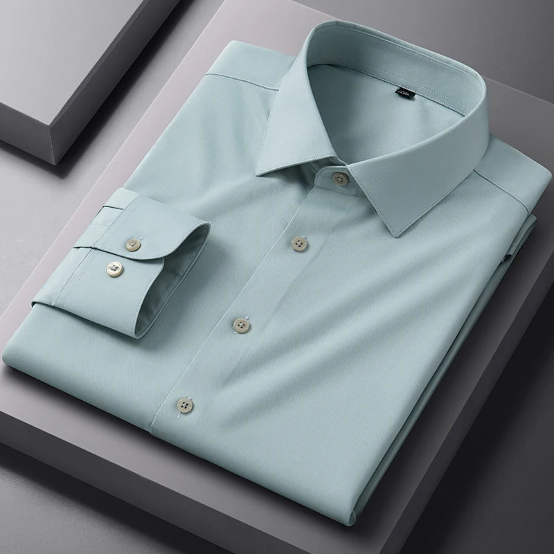 Spring Autumn Men Long Sleeve Shirts Business Casual Wrinkle Resistant Solid Color Formal Dress Slim Fit Work Social Shirt S-8XL