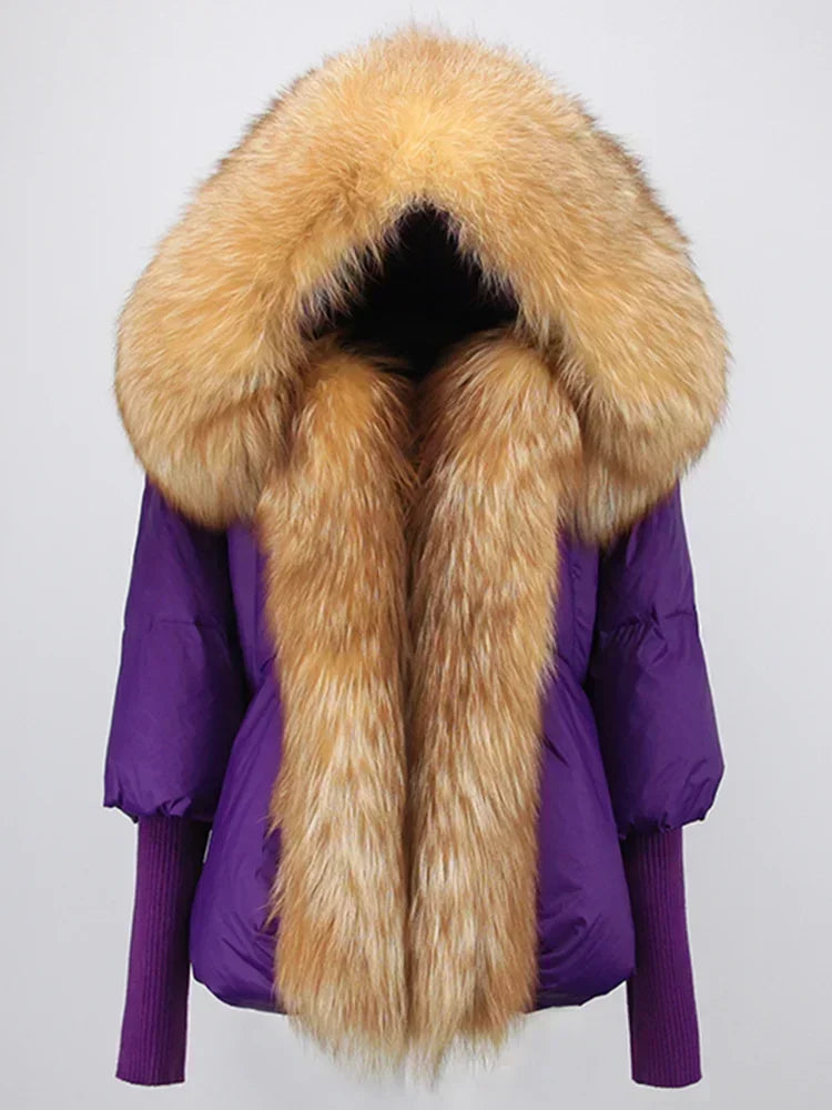 2024 Winter Puffer Jacket Women Real Fox Fur Collar Hooded Natural Thick Warm Loose Oversize Duck Down Coat Streetwear Outerwear