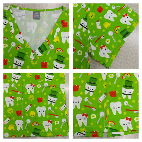 Christmas Print Surgery Top Women with Pocket V-Neck Scrub Uniform Spa Caring T-Shirt Pet Grooming Surgical Nurse Scrubs Uniform