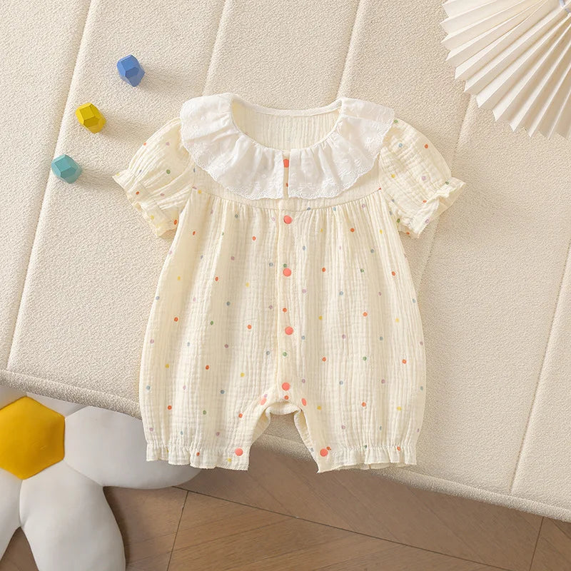 2025 Newborn Toddler Baby Girl Romper Short Sleeve Lace Collar Cotton Thin Breathable Summer Floral Dot Leaf Print Cute Jumpsuit