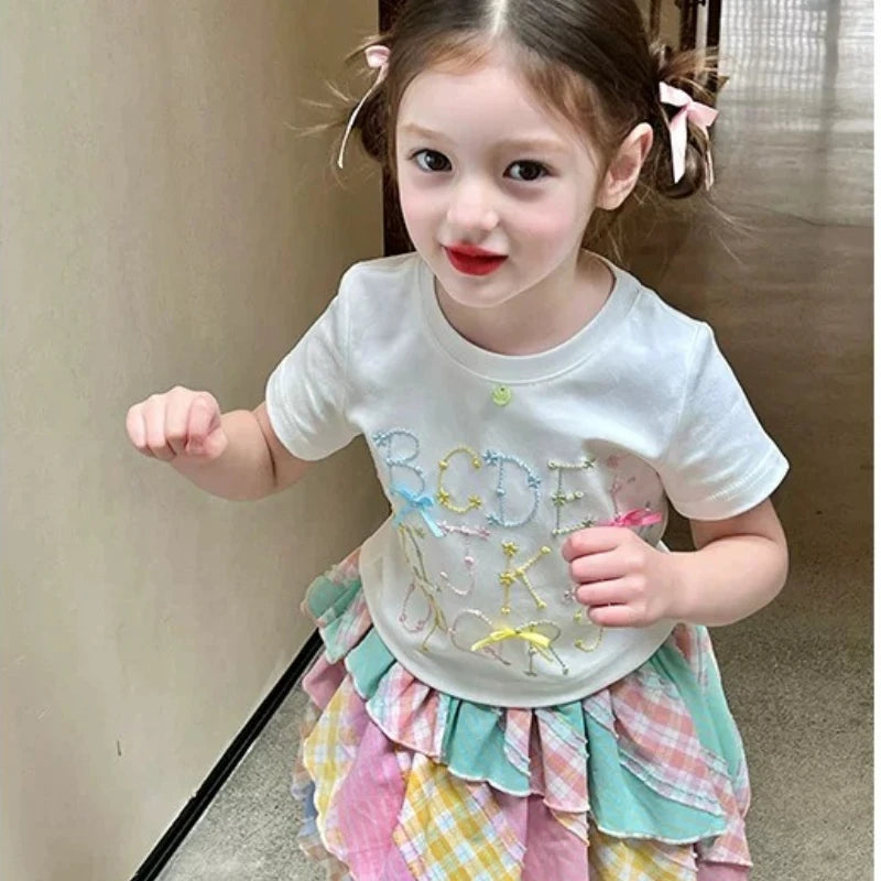 Sweet Two-piece Set for Girls 2026 Summer New Design Multi-color Striped T-shirt and Irregular Skirt