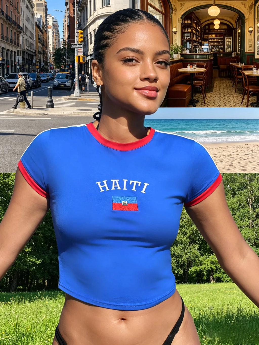 American College Style Short Top HAITI National Flag Embroidery Slim Fit and Slimming, Spicy Girl Exposed Waist Sports Short Sle