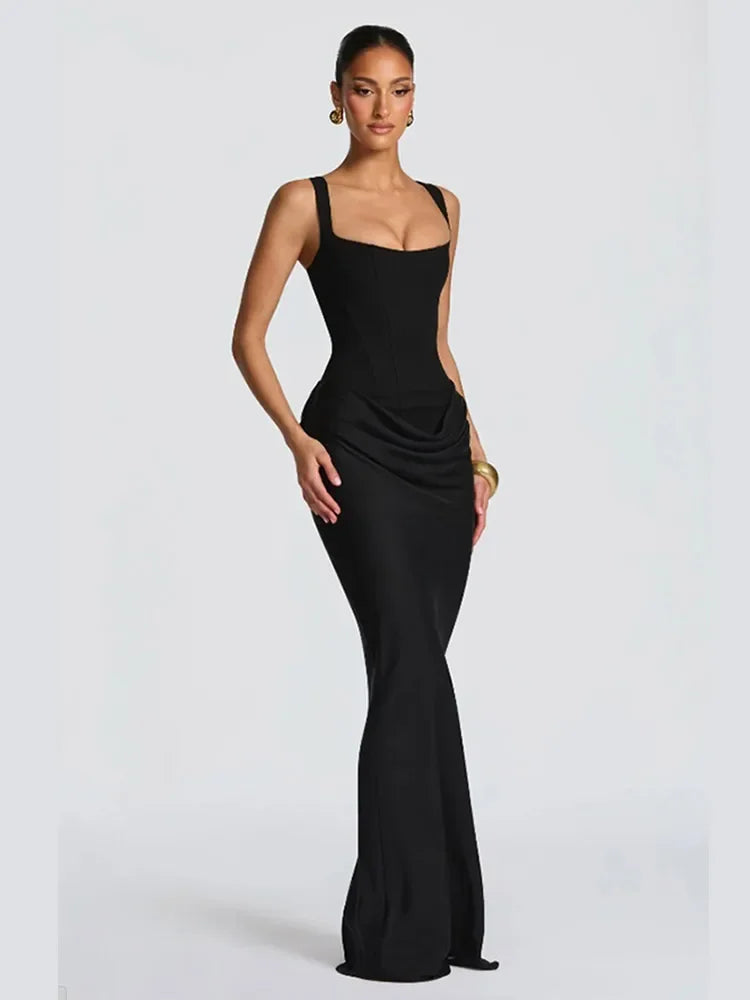 Fashion Solid Strapless Backless Pleated Dress Women Sleeveless Waist Slimming Long Gown Spring Lady Evening Party Robe 2026 New