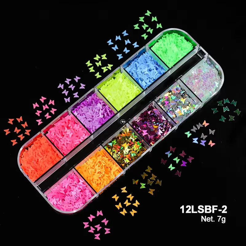 Holographic Sweet Love Heart Nail Art Glitter Sequins Shining Laser Fluorescence Star Butterfly 3D Nails Decorations Accessories
