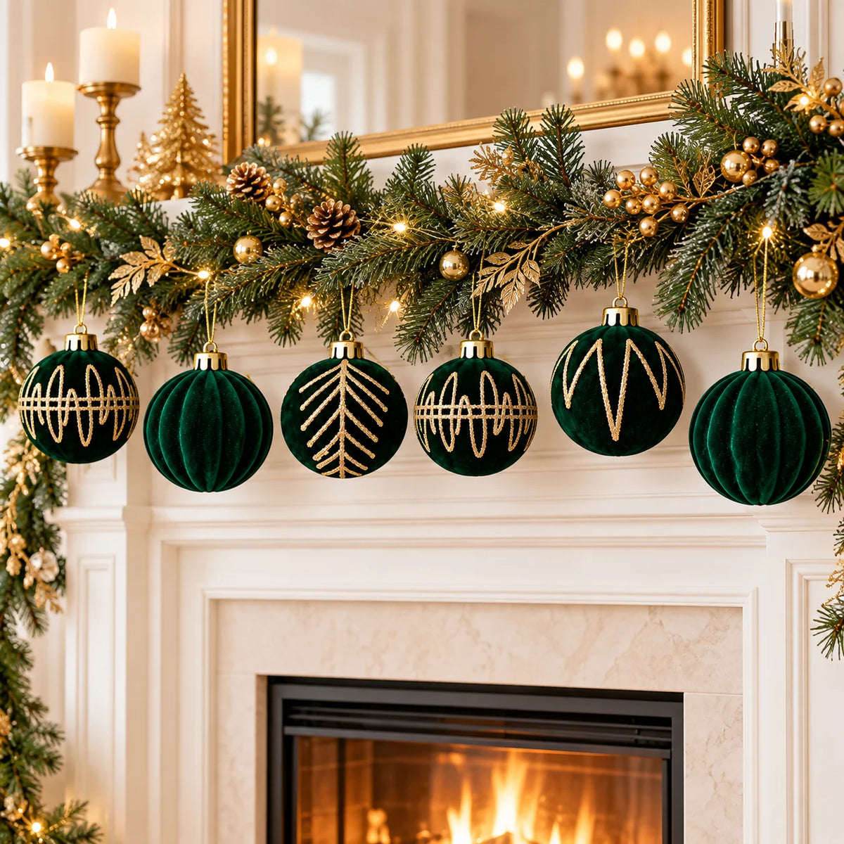 12 Pcs 6cm Emerald Velvet 4 Styles Gold Glitter Christmas Balls Shatterproof Xmas Tree Ornaments for Holiday Party Home Decor