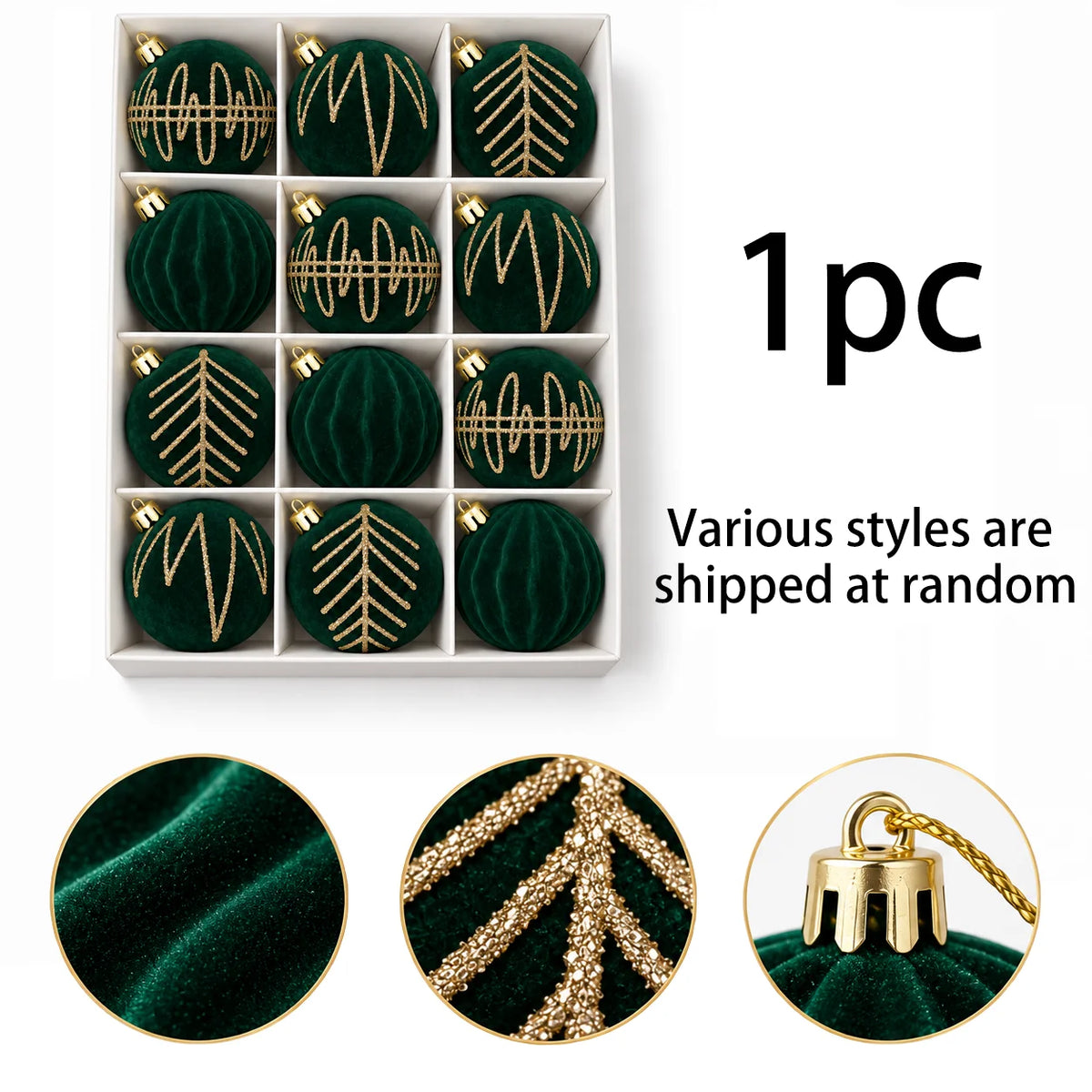 12 Pcs 6cm Emerald Velvet 4 Styles Gold Glitter Christmas Balls Shatterproof Xmas Tree Ornaments for Holiday Party Home Decor