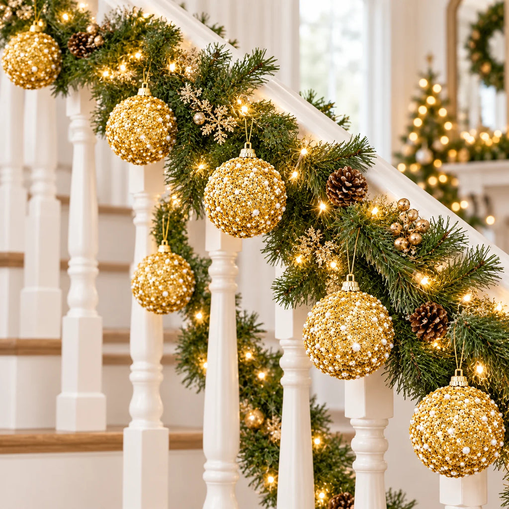 6PCS Gold Christmas Ball Ornaments, Pearl Sequin Baubles 8cm Glitter Hanging Balls Xmas Tree Holiday Decor