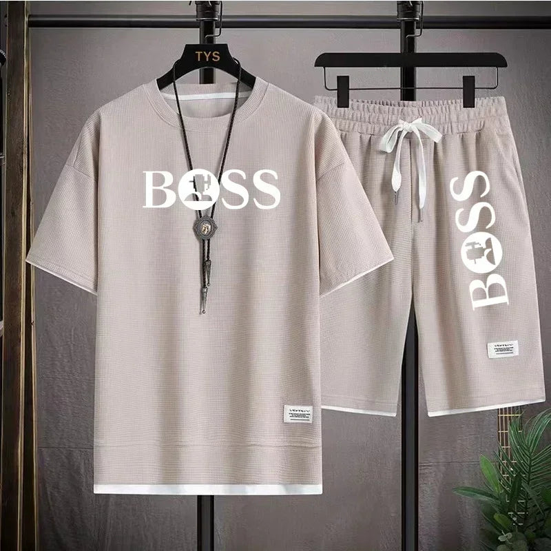 Summer 2025 new men's breathable short-sleeved T-shirt + quick-drying shorts two-piece set, outdoor fashionable men's sportswear