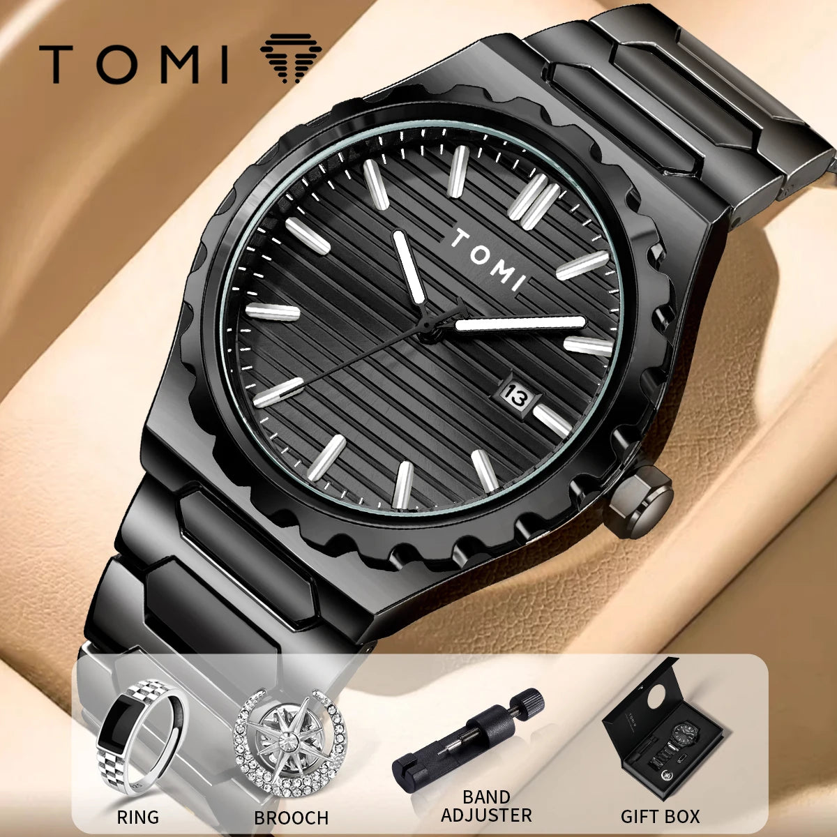 TOMI New 4PCS Luxury Men Watch Gift Set High Quality Steel Strip Striped Dial Calendar Men Quartz Watch Clock Gifts Reloj
