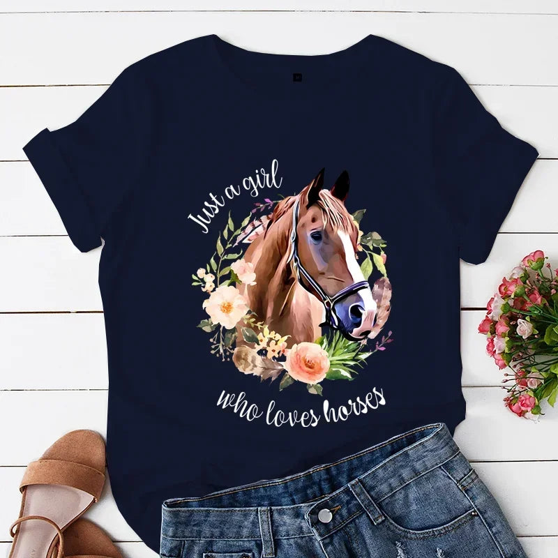 Just A Girl Love Horse Print Women T Shirt Short Sleeve O Neck Women Tshirt Flowar Horse Ladies Tee Shirt Tops Camisetas Mujer