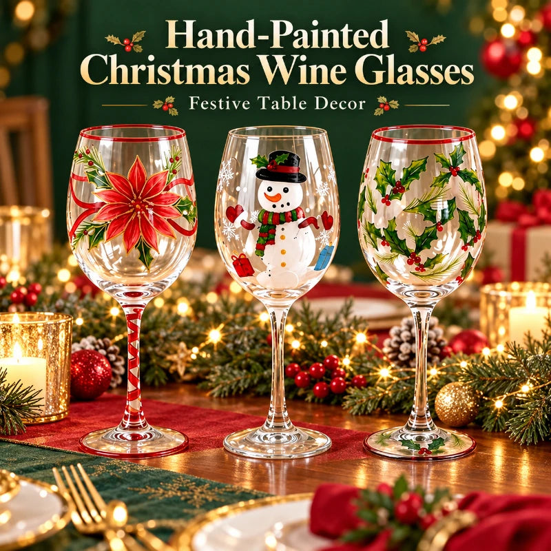 1PC Christmas Hand Painted Wine Glass Creative Snowman Poinsettia Goblet Household Glass Red Wine Cup Festive Decorations