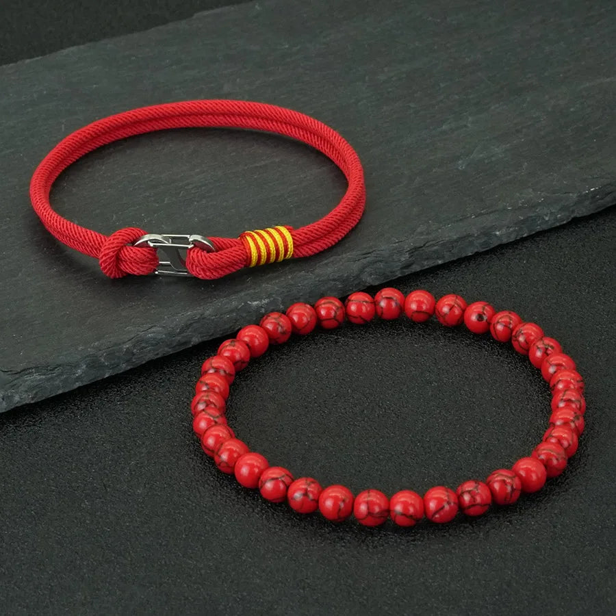 Business 2Pcs Luck Red Bracelet Set Men 6mm Stone Beads Handmade Nylon String Wristband Valentine Day Gift For Husband Jewelry